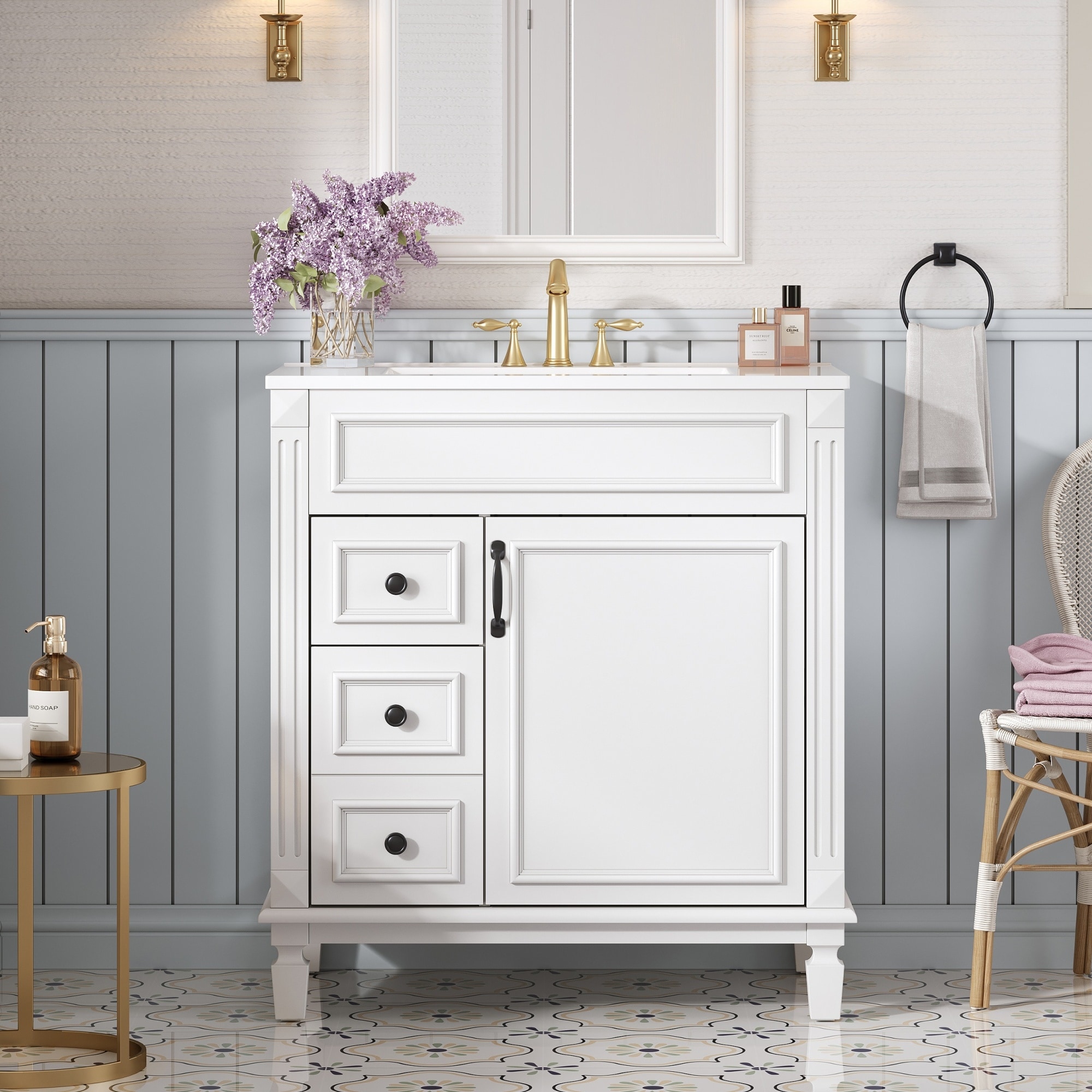 30" Modern Bathroom Vanity with Ceramic Sink - Small Space Cabinet with 2 Soft-Close Drawers & Adjustable Shelf