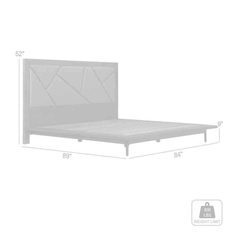 King Size Platform Bed Frame - Oak Wood & Faux Leather Headboard - Modern Bed
