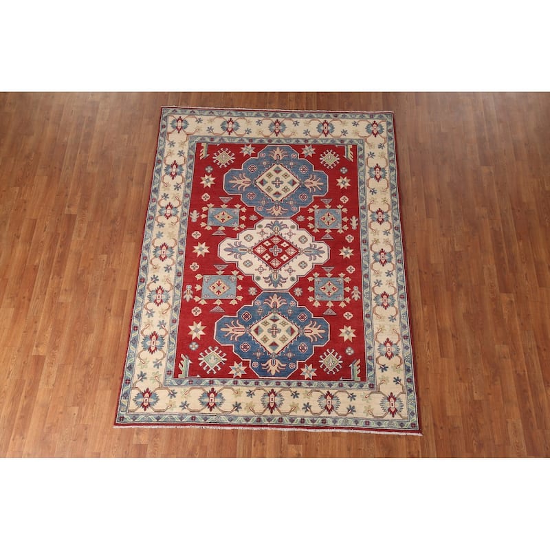 Traditional Kazak Area Rug Hand-Knotted Red Wool Carpet - 5'8" x 7'9"