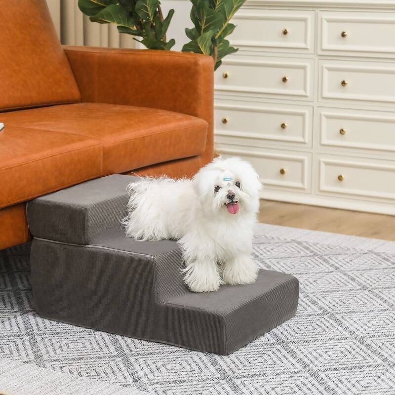 Adeco 3-Tier Dog Stairs Soft Foldable Dog Ramp with Removable Cover - Dark-Gray