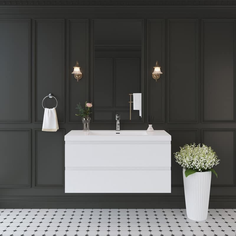 ABRUZZO 42" Floating Single Bathroom Vanity Wall-Mounted with Integrated Resin Top Basin 2 Soft Close Drawers Full Assembly