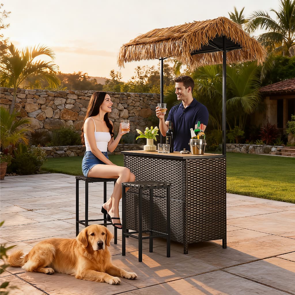 Pocassy Outdoor Patio Tiki Bar Set with 2 Stools Storage for Garden