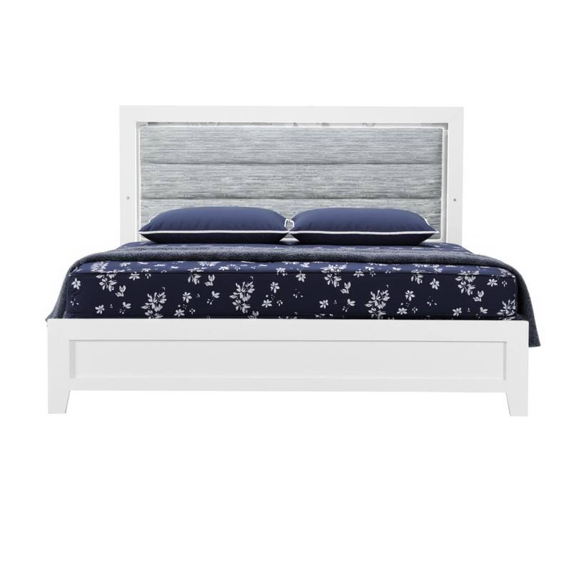 HomeRoots White and Light Gray Ribbed Texture Wood And Upholstery Lighted Queen Bed Frame
