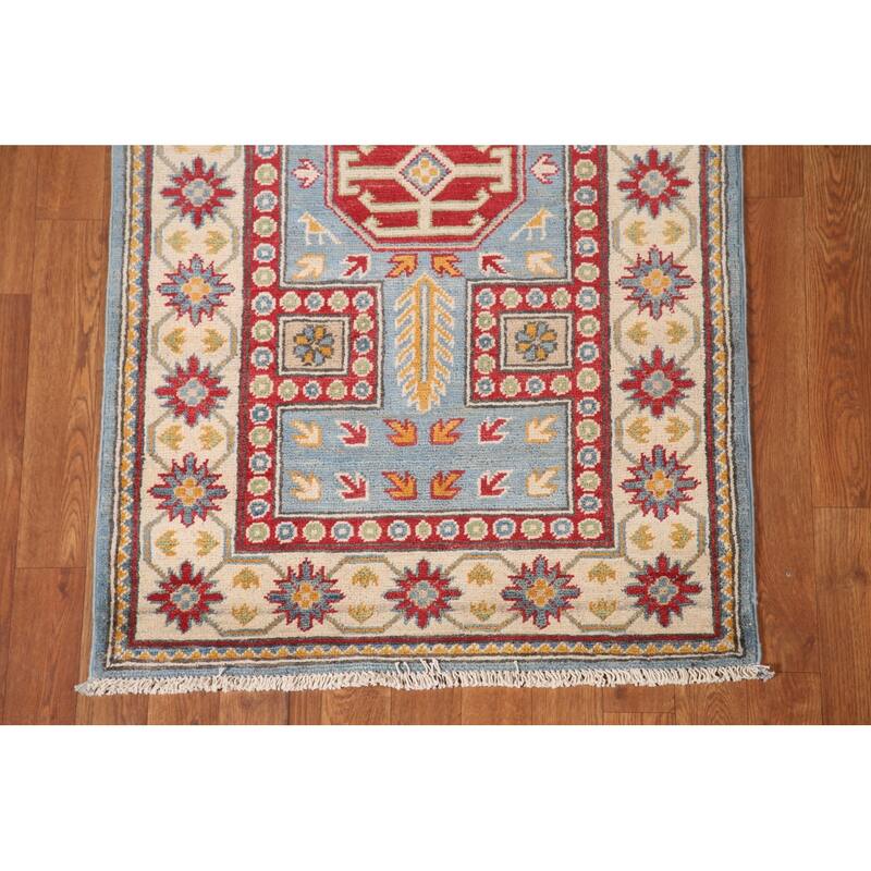 Light Blue Kazak Runner Rug Hand-Knotted Oriental Wool Carpet - 2'7" x 13'0"