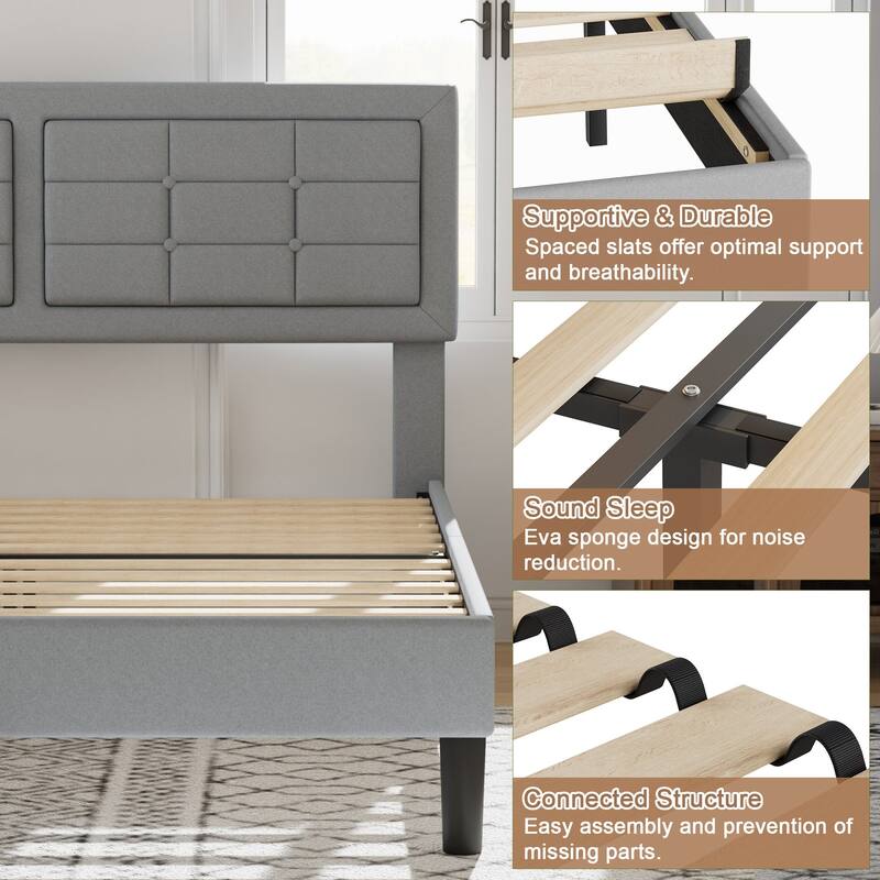 Javlergo Modern Upholstered Platform Bed Frame with Height Adjustable Tufted Headboard