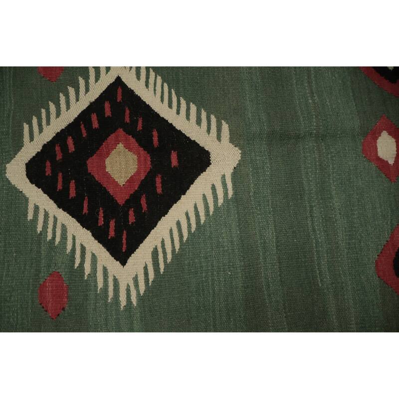 Hand Woven Oriental 100% Wool Carpet Southwestern Tribal Green Kilim Area Rug - 11' 8'' X 4' 11''