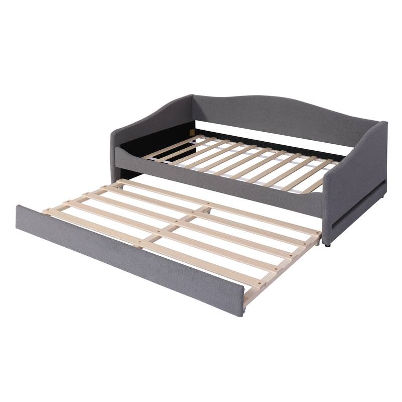 Twin Size Upholstered Daybed with LED Lights, Teddy Fleece Fabric, and Trundle, Perfect for Sleepovers