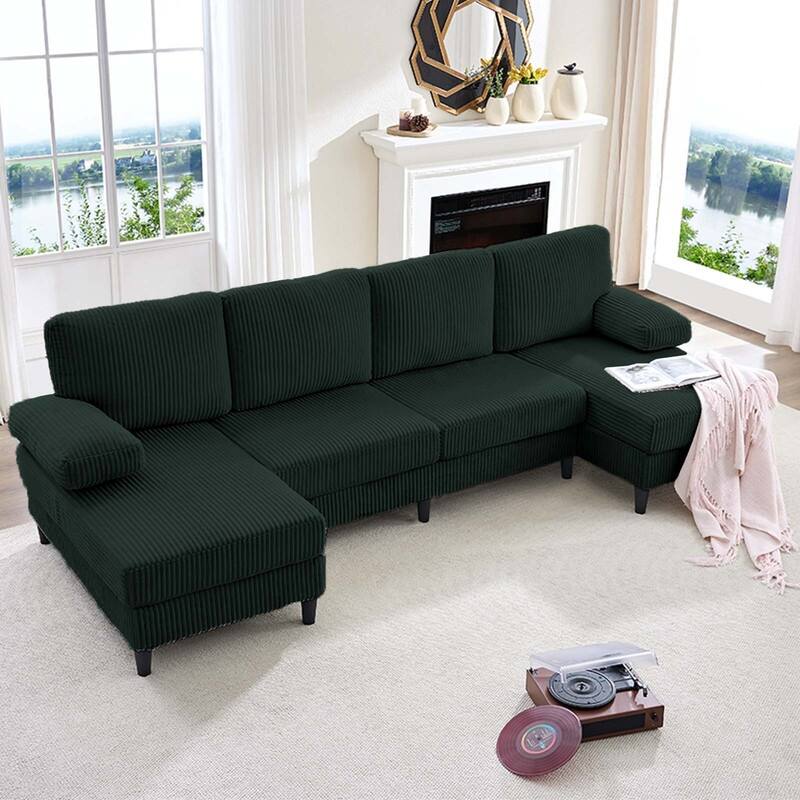Mixoy W110"U-Shaped Sectional Sofa Couches with Double Chaises and Sleepable Armrests,Corduroy Upholstered 4-Seater Sofa