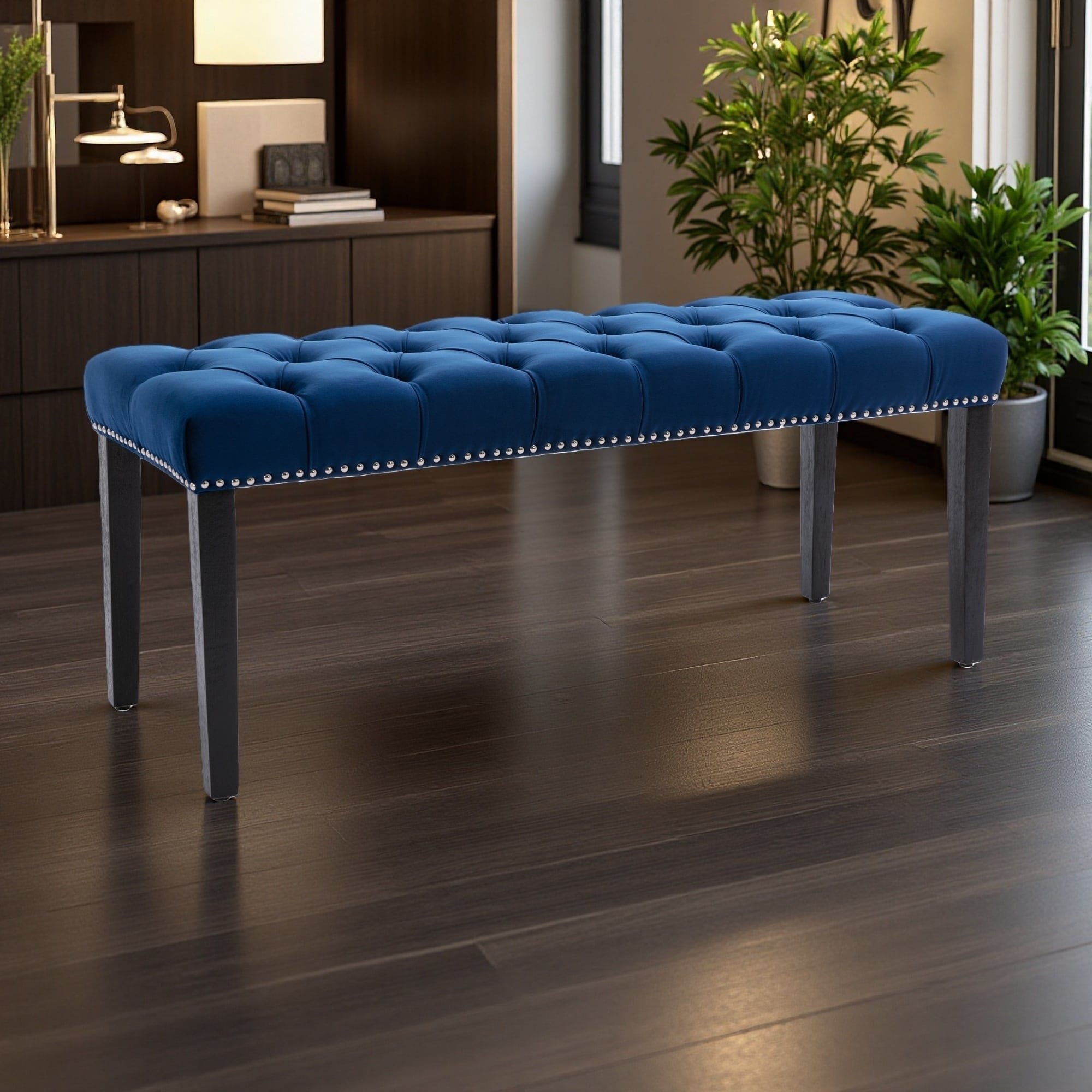 45.28"L Velvet Upholstered Tufted Bench Ottoman, Soft Cushioned Footrest Stool with Rubber Wooden Legs for Entryway, Dining Room