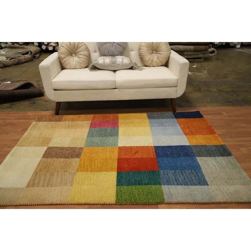 Hand Knotted Oriental 100% Wool Carpet Modern Geometric Multi-Colored Gabbeh Area Rug - 6' 5'' X 4' 6''