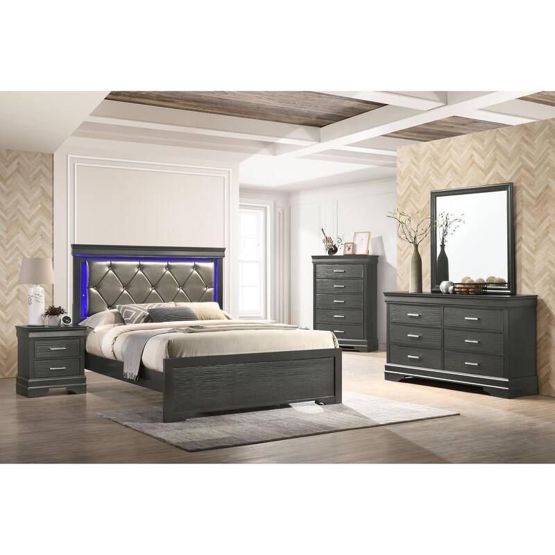 Modern Twin Size LED Bed with Wood Frame in Gray