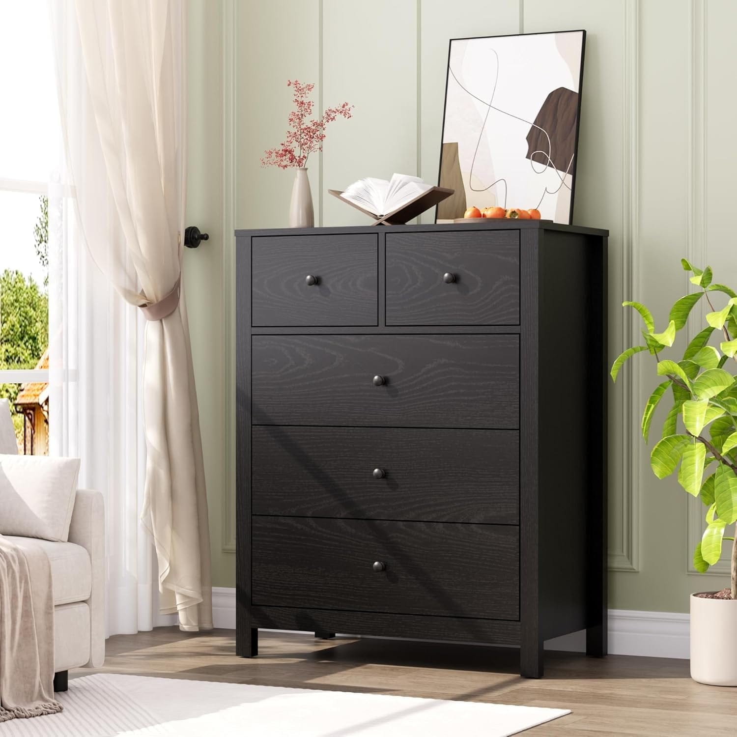 Black 5-Drawer Chest with Column Legs, Elegant