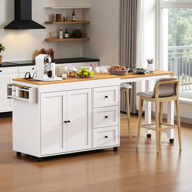 Kitchen Island with Extendable Dining Table, Power Outlet, Rolling Storage Cart with 3 Drawers, 2-Door Cabinet, and Spice Rack - White