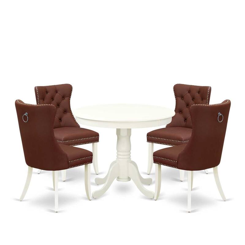 Round Kitchen Dining Table Set with 4 Chairs - Linen White Pedestal Table & Parson Chairs