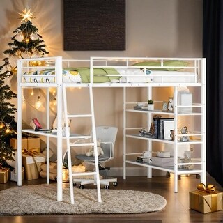 Full Size Loft Metal Bed with 3 Layers of Shelves and Desk, White