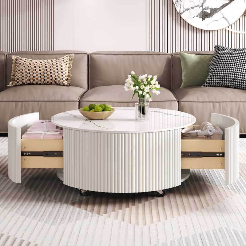 Modern Round Coffee Table with Casters, 2-Drawer Mobile Table with Marble Pattern Sintered Stone Top - White