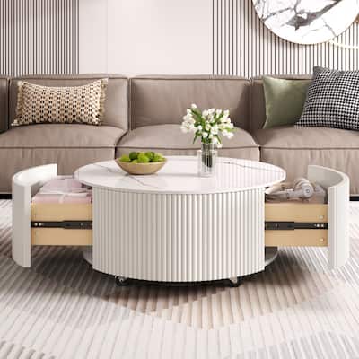 Modern Round Coffee Table with Casters, 2-Drawer Mobile Table with Marble Pattern Sintered Stone Top