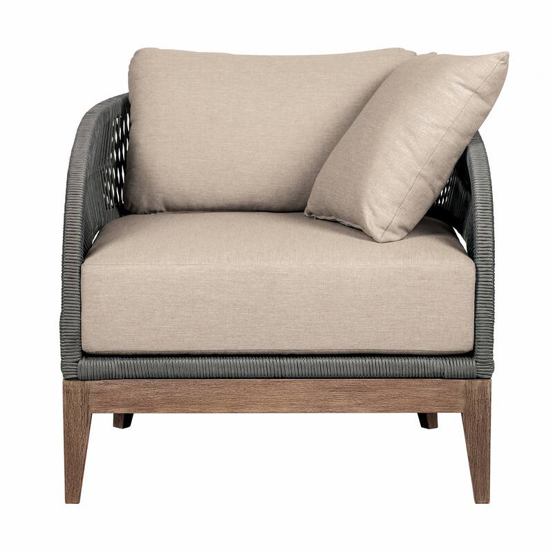 Kimi 33 Inch Outdoor Patio Accent Chair, Olefin Cushions, Gray Woven Rope