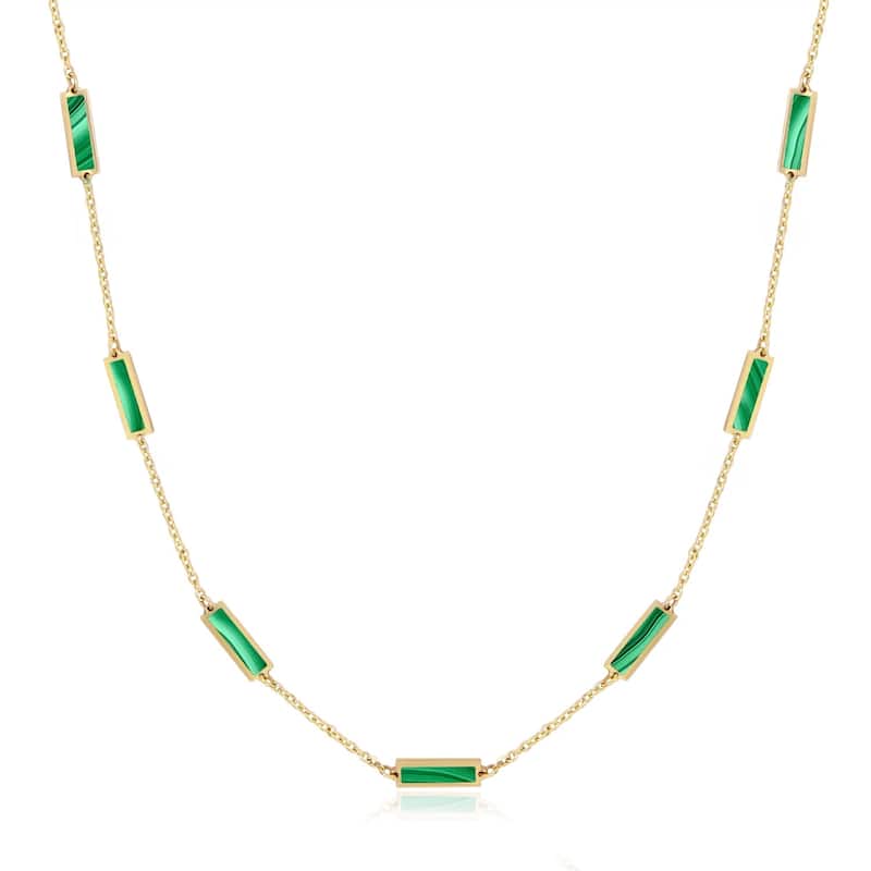 Curata 14k Yellow Gold Italian 18" Inlaid Genuine Gemstone 10X2mm Bar Station Necklace - Green Malachite