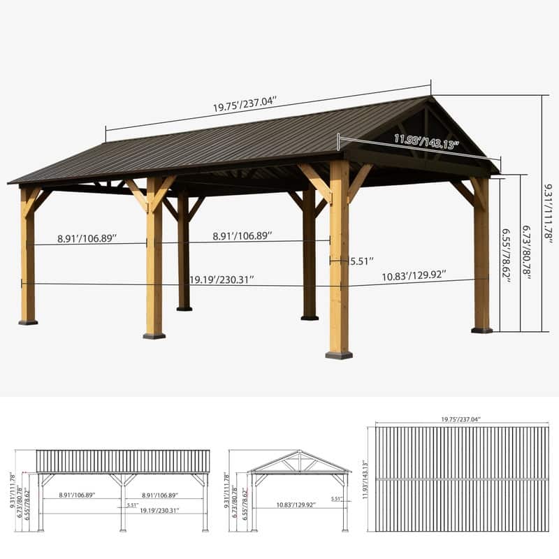 Domi 12' X 20' Hardtop Gazebo with Galvanized Steel Gable Roof and Wood Grain Aluminum Frame，Outdoor Permanent Gazebo