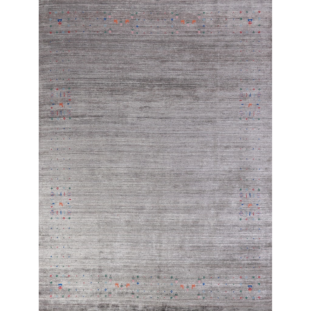 Hand Knotted Oriental Viscose Silk Carpet Tribal Stripe Greys & Charcoal Gabbeh Area Rug - 9' 9'' X 8' 0''