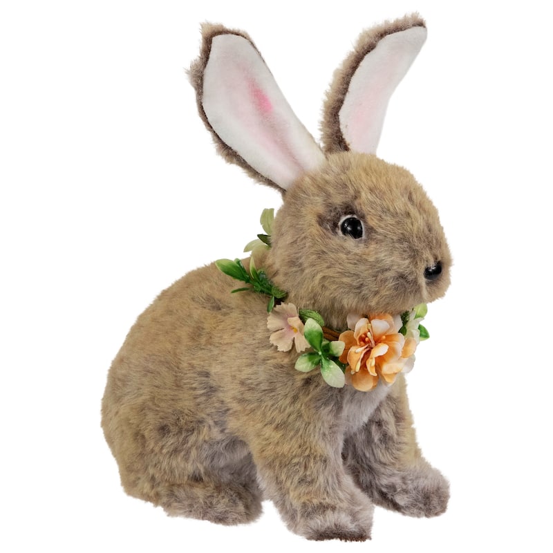 Plush Rabbit with Flower Wreath Easter Figurine - 8.5"