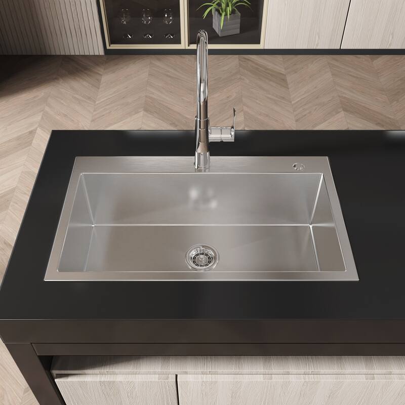 Kitchen Sink, 32″x19″ Single Bowl, Overmount Handmade Sink in Brushed Nickel, with US Standard Drain and Hook