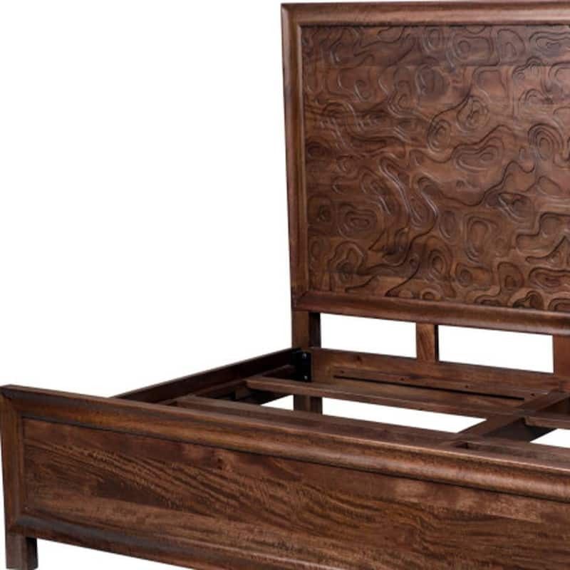 HomeRoots Brown Carved Abstract Solid Wood King Bed Frame