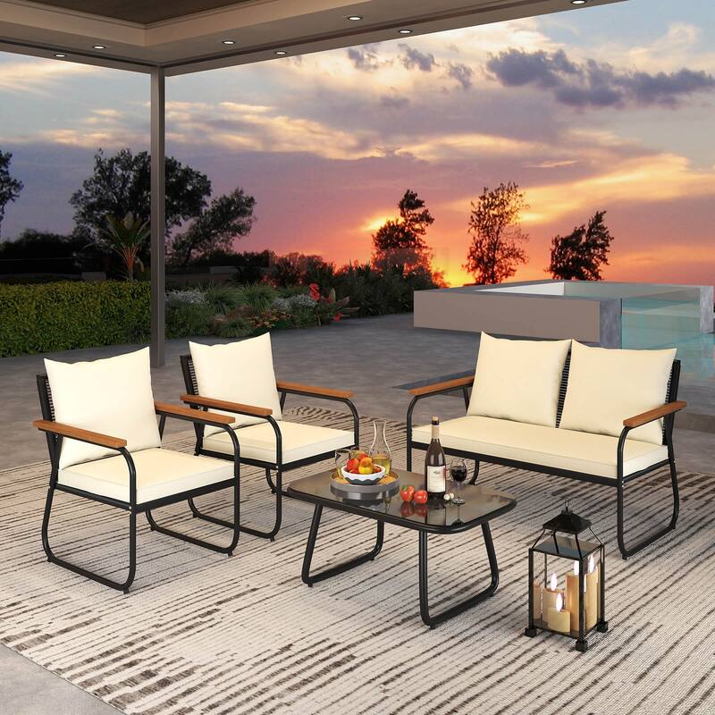 Costway 4/8 PCS Patio Furniture Set with Tempered Glass Coffee Table - 4 PCS