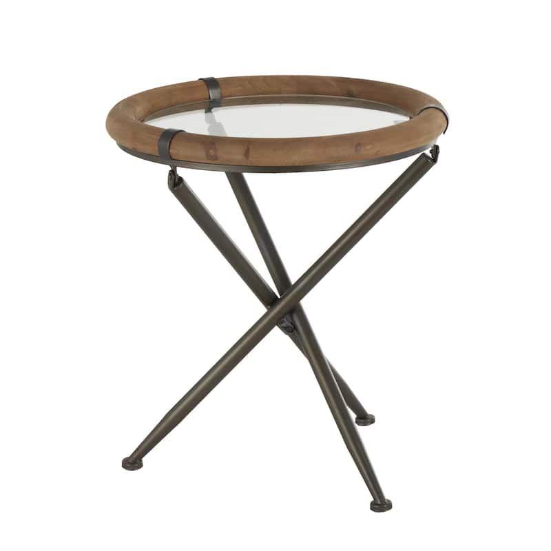 Metal Round Accent Table with Brown Wooden Framed Glass Tabletop - Brass - Roche River Decor