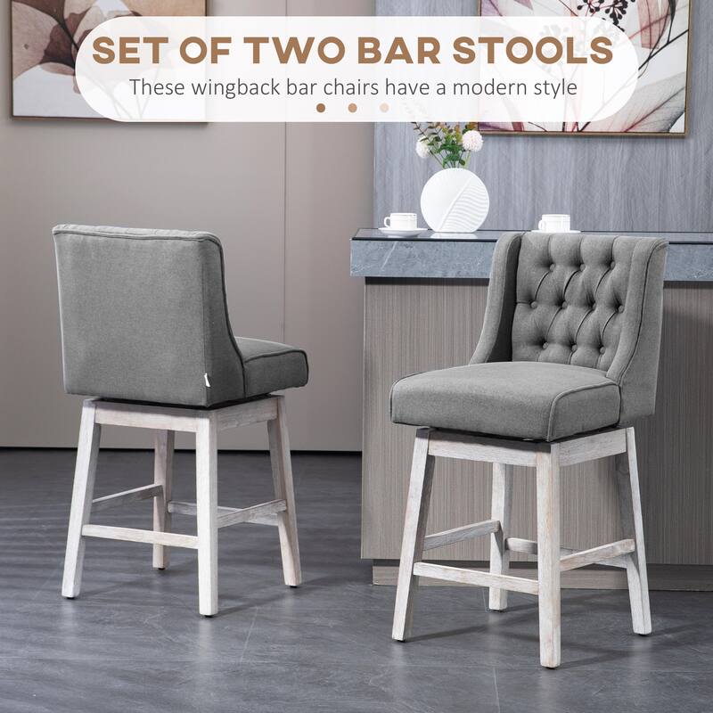 Swivel Bar Stools Set of 2, Counter Height Chairs with Button Tufted Back, Dining Room with Solid Wood Footrests