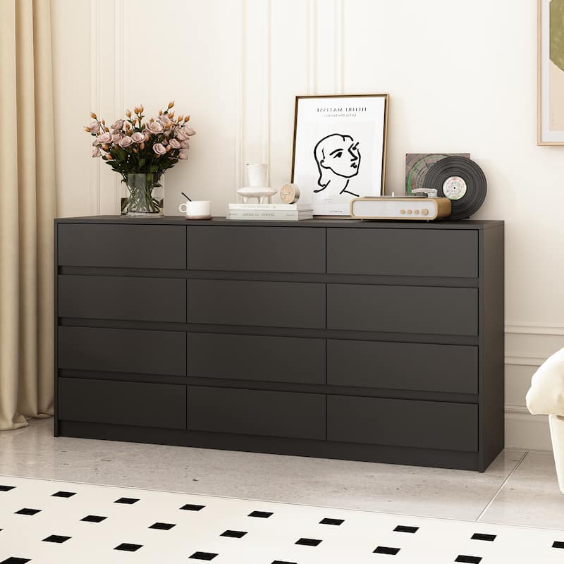 Large Floor Wood Dressers & Chest of Drawers Handle Free,Sideboard - Black