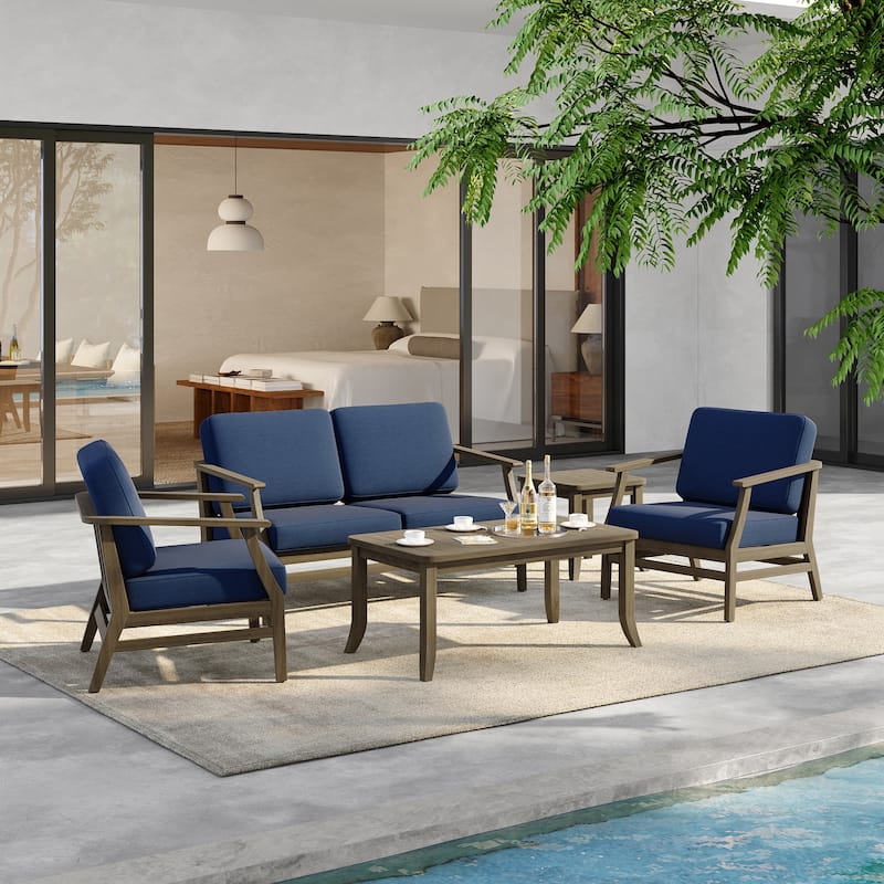 5-Piece Outdoor Teak Wood Patio Conversation Set with Cushions