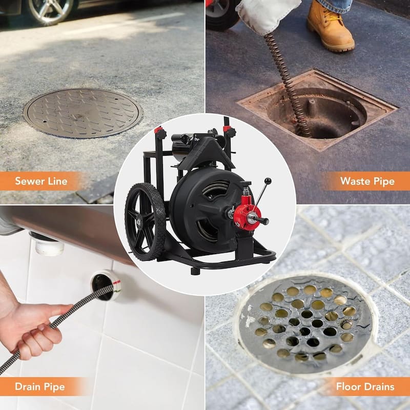 100 Ft x 1/2 Inch Heavy Duty Electric Drain Cleaner Machine for 2-4 Inch Pipes
