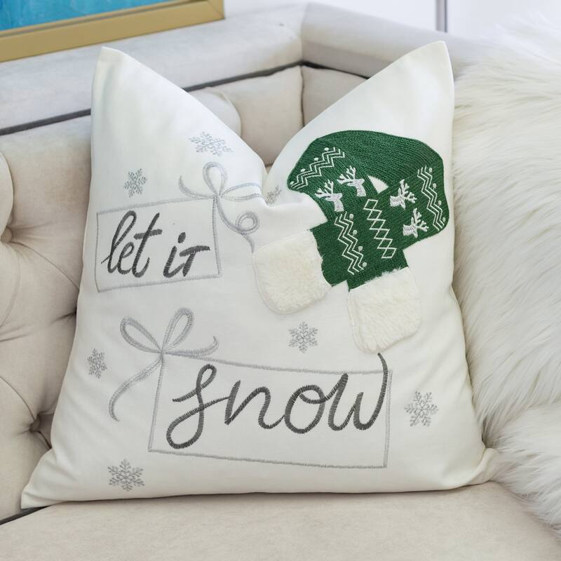 Christmas Throw Pillow - 20x20" Square Cotton Cushion with Red Knit Hat Design and Insert - Green