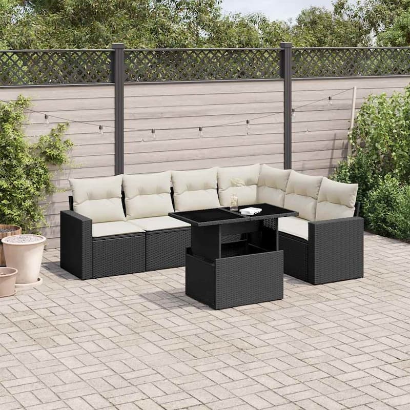 vidaXL Patio Sofa Set with Cushions Outdoor Furniture 7 Piece Poly Rattan - 21.7 x 39.4 x 28.7 - Black and Cream-without storage