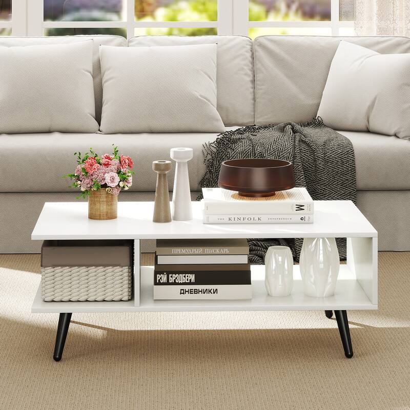Modern 2-Tier Wood Coffee Table with Open Storage Shelf and 4 Metal Legs for Living Room - 31.5" x 18" x 12"