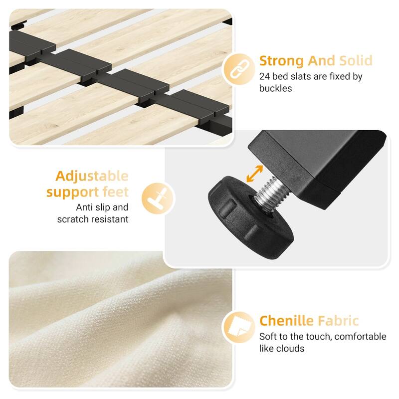 Queen Size Bed Frame,Tufted Headboard with Extra-Large Ultra-Soft Cloud Pillow Design,Chenille Platform Bed