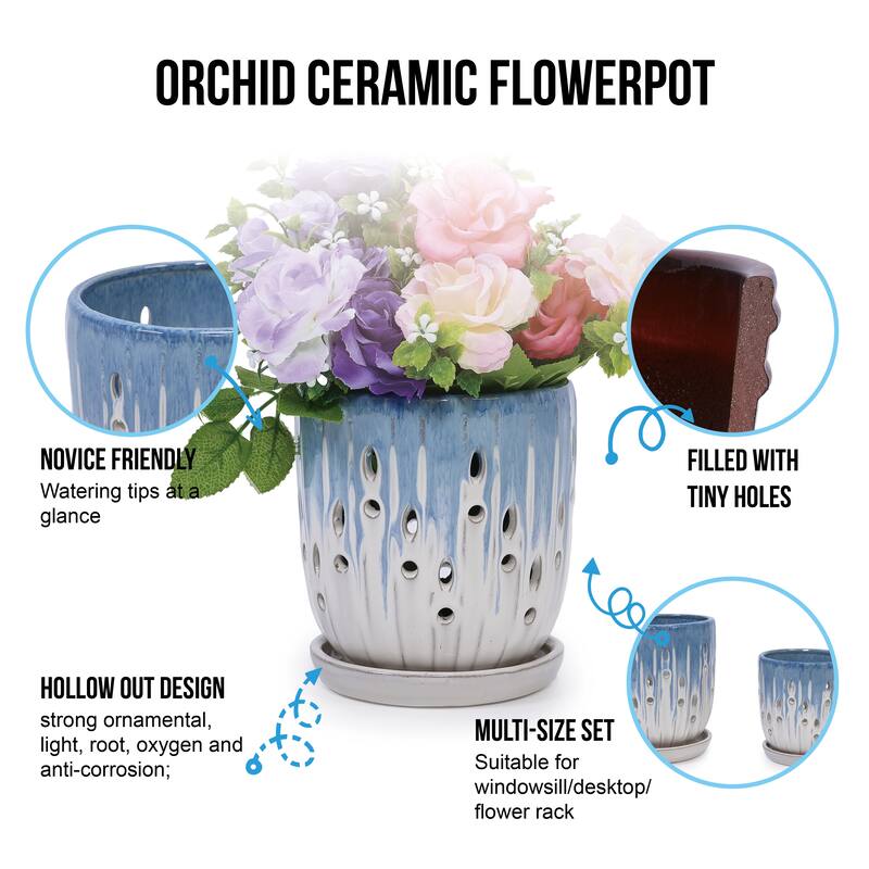 Anmytek Handmade Ceramic Planter Set of 2 Blue White