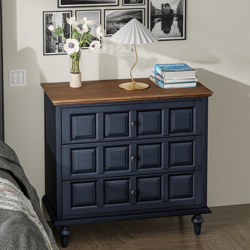 COZAYH Retro 3 Drawer Dresser with Plaid Pattern Front, Rustic Nightstand With Storage Chest For Bedroom, Living Room