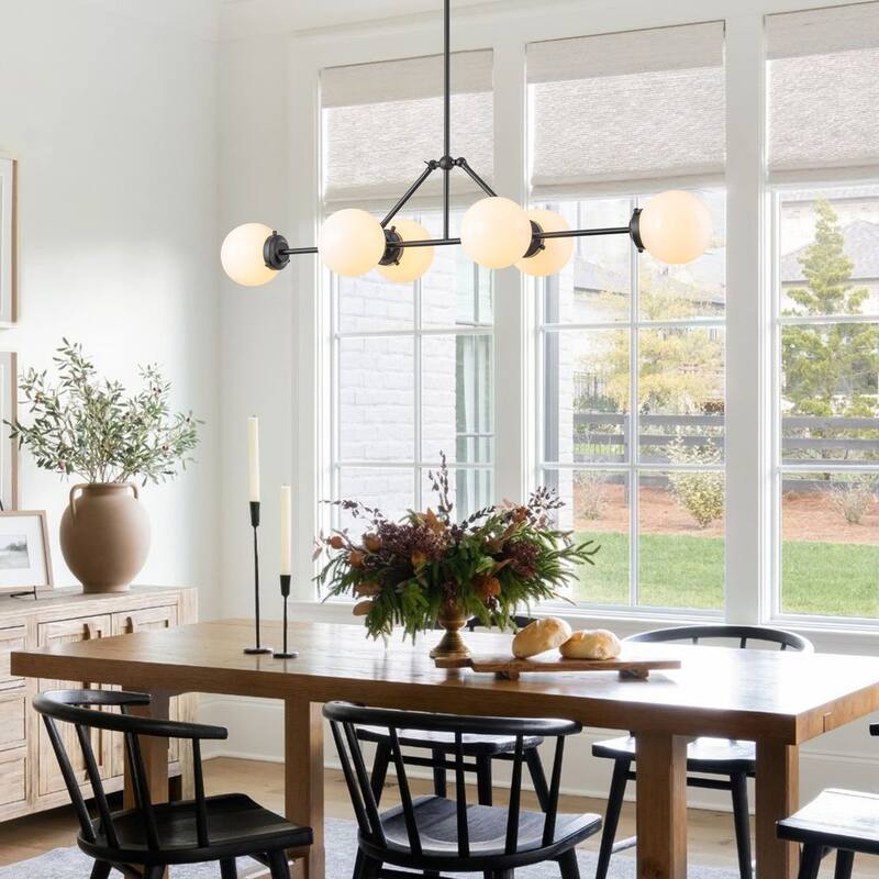 6-Light Dimmable Modern Metal & Glass Pendant Light with Adjustable Rods for Dining Room