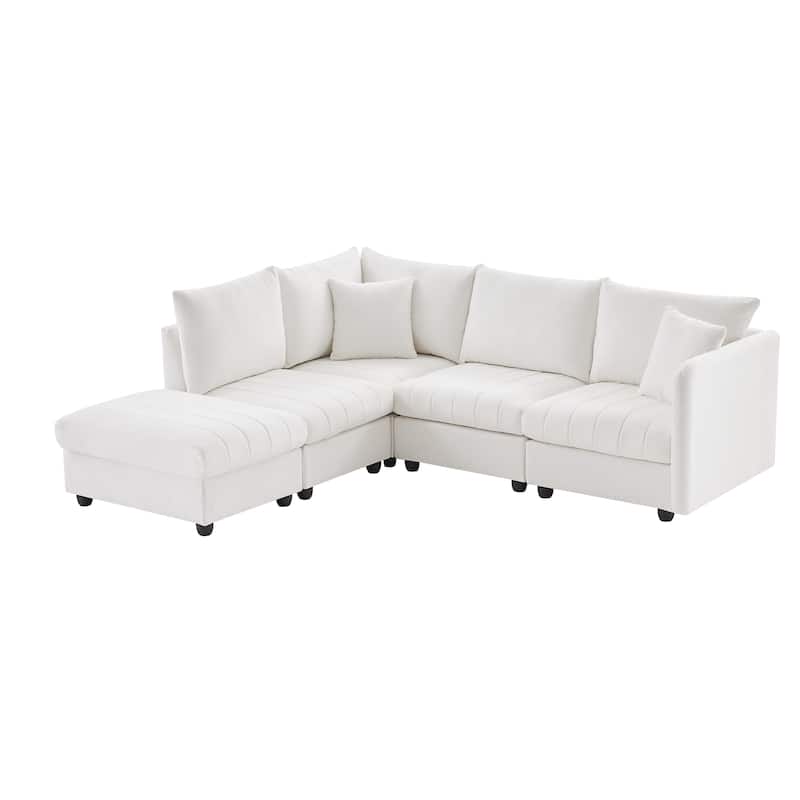 89" Linen-Blend L-Shaped Sectional Sofa with Ottoman, 2 Pillows and Pocket Springs, 360lb Capacity