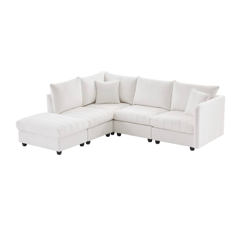 Modular L-Shaped Sectional Sofa with Movable Ottoman, 5 Seat Corner Couch with Throw Pillows, Comfy Cloud Upholstered Sofa