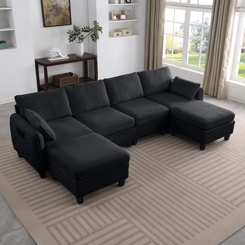 109.4" Chenille Sectional Sofa with Two Ottomans - Black