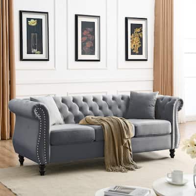 80" Grey Velvet 3 Seater Chesterfield Sofa with Nailhead Trim and Two Pillows