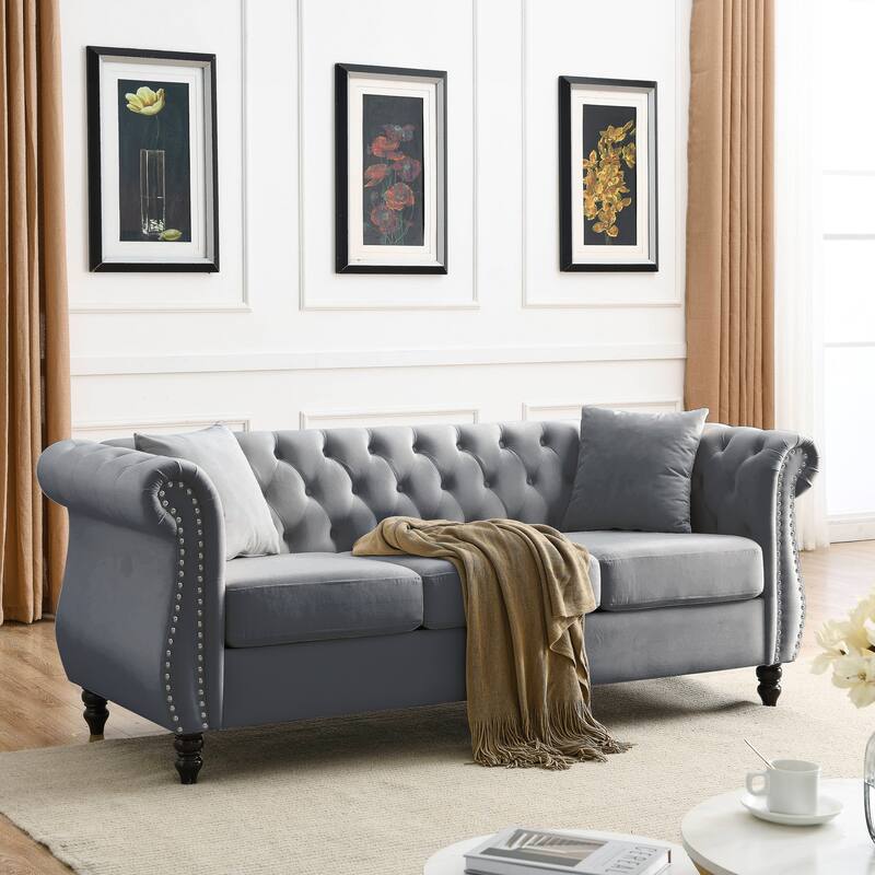 Classic Chesterfield Velvet Sofa, 3-Seater with Nailhead Trim and Two Pillows for Living Room - Grey