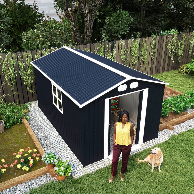 8x12 FT Outdoor Metal Storage Shed, Large Storage Sheds with Sturdy Frame Structure, Metal Garden Tool Shed with Lockable Door
