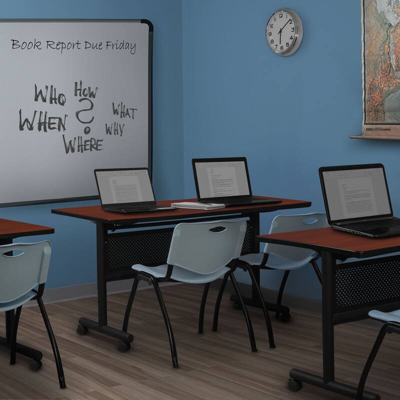 60" x 24" Flip Top Mobile Training Table with Modesty Panel- Cherry and 2 "M" Stack Chairs- Grey