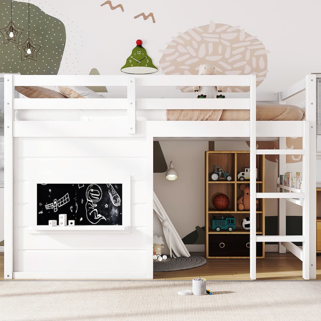 Full/Twin Loft Bed with Sliding Chalkboard, Bookshelf & Safety Rails