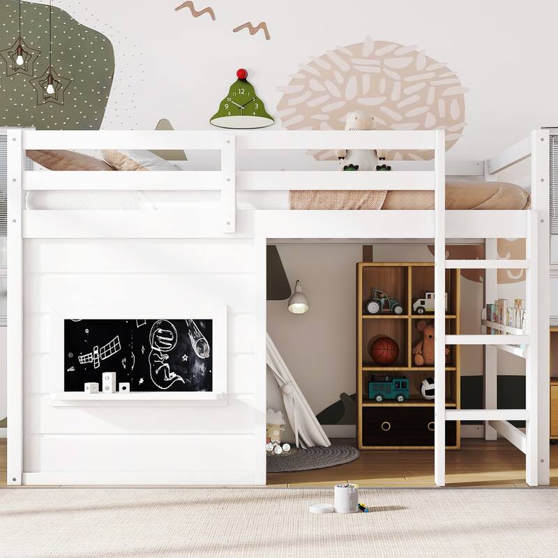 Kids Playful Loft Bed with Built-in Bookshelf and Sliding Chalkboard